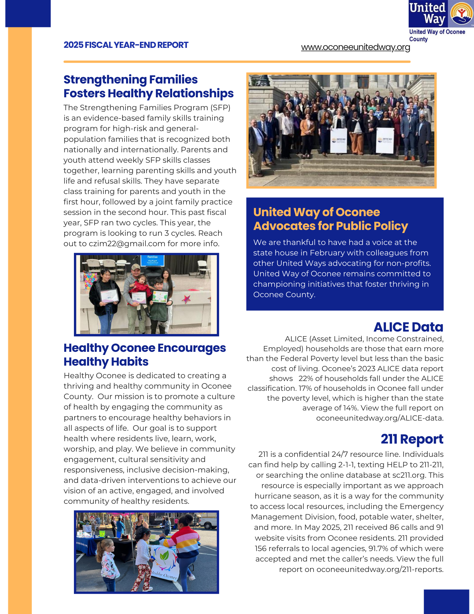 Strengthening Families, Healthy Oconee, Public Policy, ALICE, 211