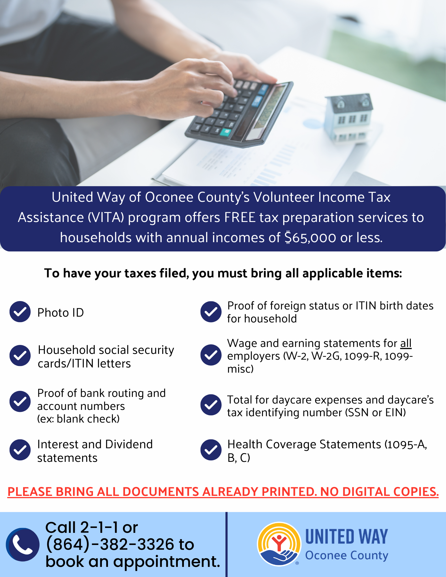 Call 211 or (864)-382-3326 to schedule appointment.